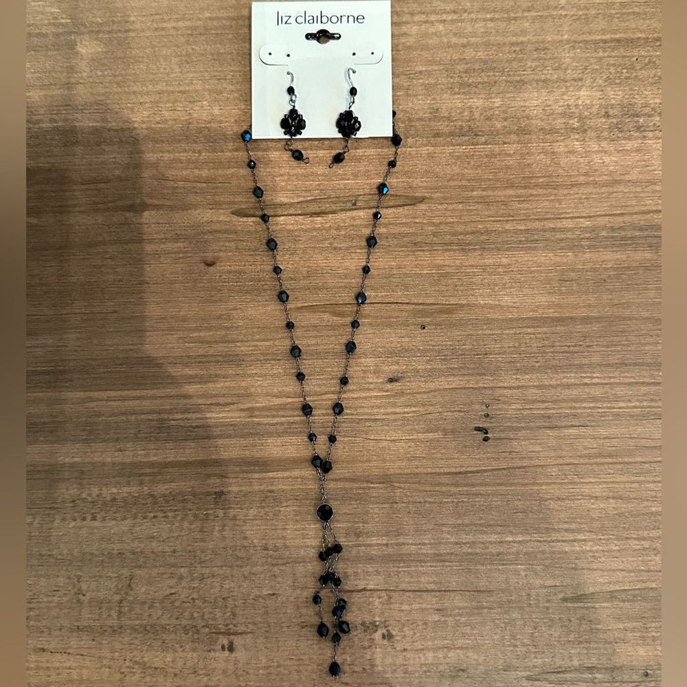 Liz Claiborne Black Beaded Necklace & Dangle Earrings Made With Surgical Steel.